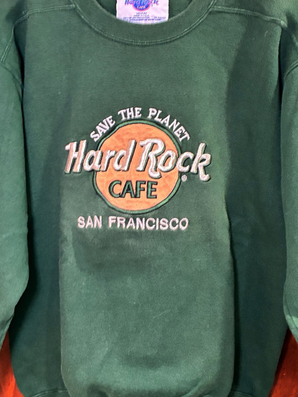 Vintage 90’sHard Rock Cafe Green Sweatshirt Embroidered Logo Medium